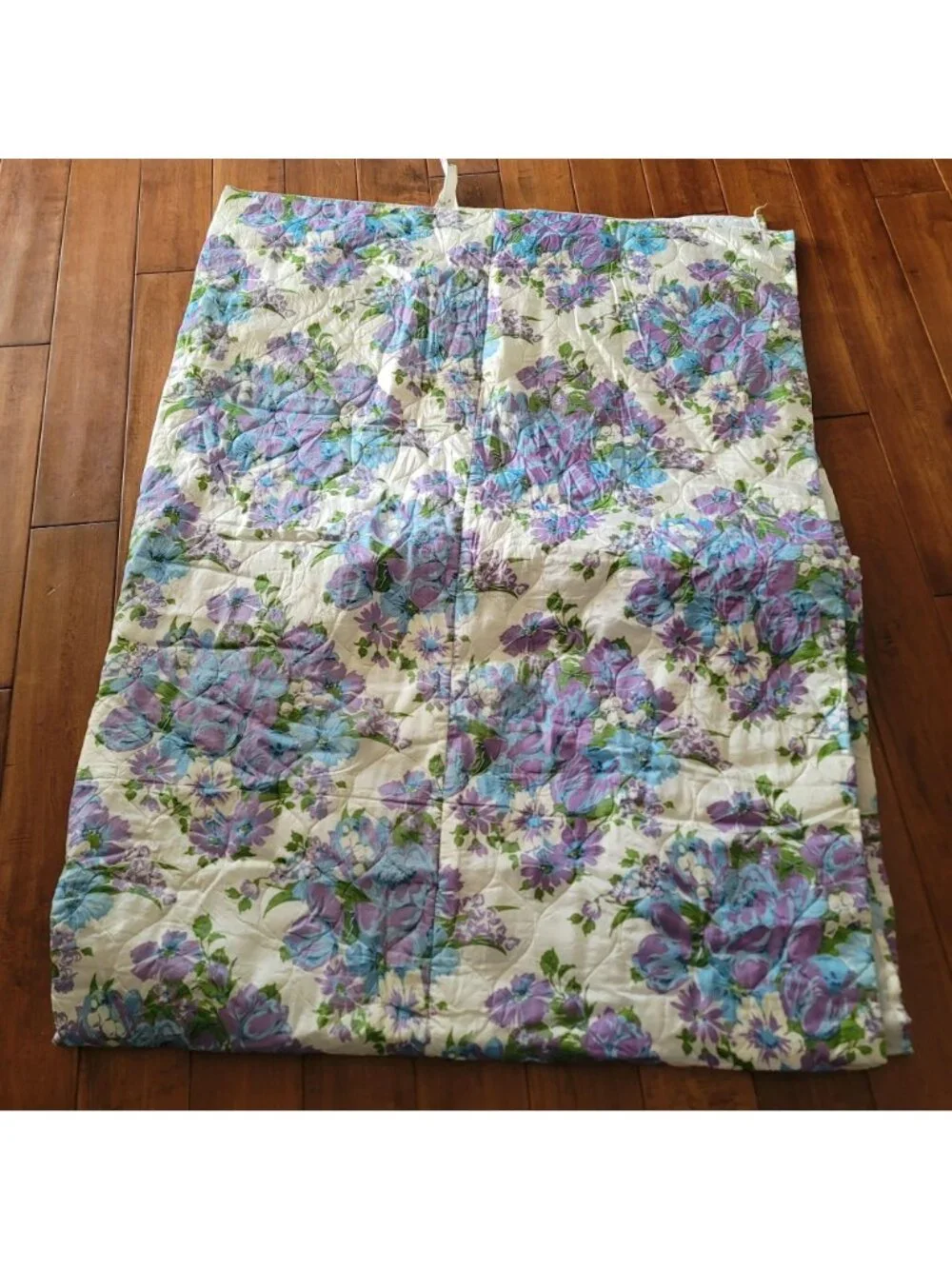 Vintage 70s Blue and Purple Floral Print Twin Size Bedspread Quilted Coverlet